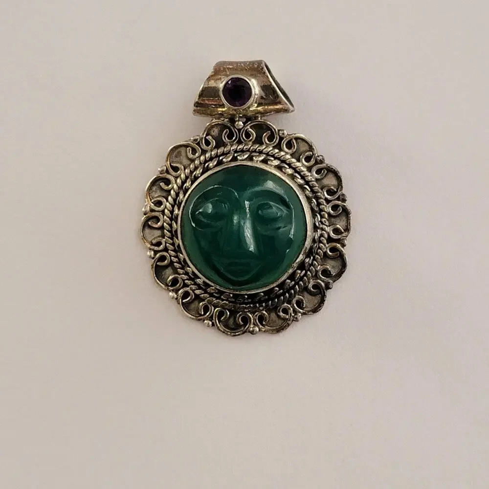 Womens Watch Green Dial Sterling Silver Case Filigree Carved Face Amethyst Bail